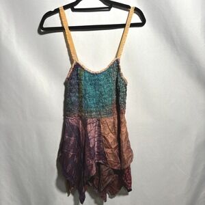 VTG Silk Smocked Sleeveless Tunic Top Handkerchief Hem Fairy Colorful Boho S Y2K